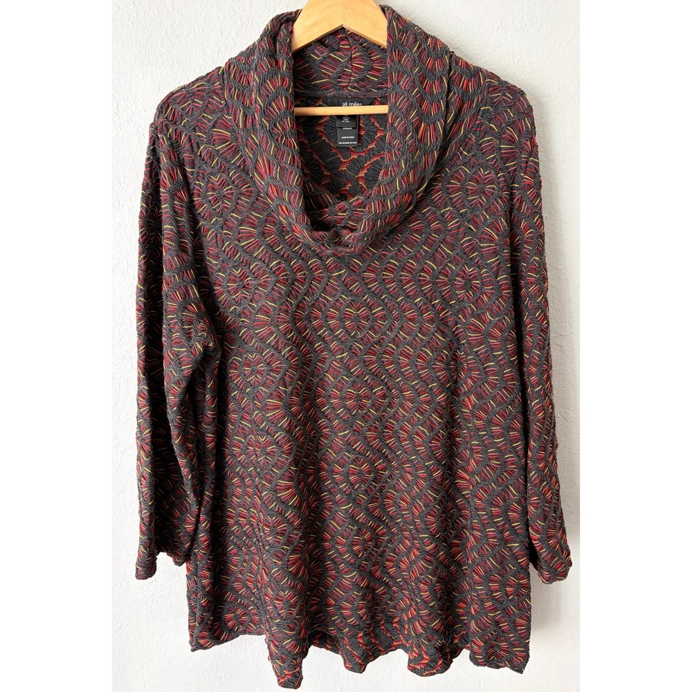 NWT Ali Miles Women Textured Cowl Neck Tunic Sweater 2X Geometric Knit Lagenlook